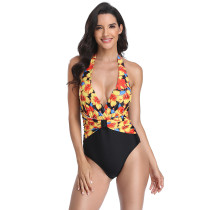 Yellow Floral Print V Neck One Piece Swimsuit TQK620129-7