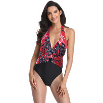 Red Floral Print V Neck One Piece Swimsuit TQK620129-3