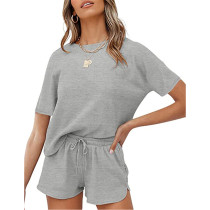 Gray Cotton Blend Casual Pullover and Short Set TQK710257-11