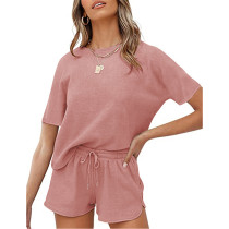 Pink Cotton Blend Casual Pullover and Short Set TQK710257-10