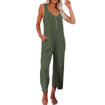 Green Buttons Waffle Sleeveless Jumpsuit TQK550223-9