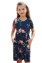 Blue Short Sleeve Pocketed Children's Floral Dress TZ61103-5