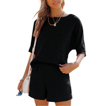 Black Pocket Tops with Shorts Cotton Loungewear Set TQK710322-2