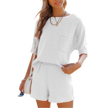 White Pocket Tops with Shorts Cotton Loungewear Set TQK710322-1