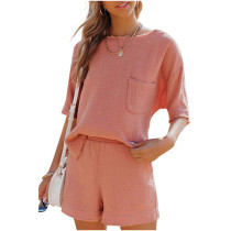 Pink Pocket Tops with Shorts Cotton Loungewear Set TQK710322-10