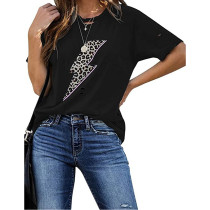 Black T Shirt with Leopard Lightning Pattern TQK210681-2