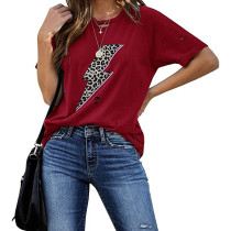 Wine Red T Shirt with Leopard Lightning Pattern TQK210681-23