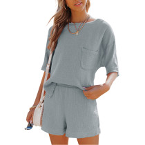Gray Pocket Tops with Shorts Cotton Loungewear Set TQK710322-11