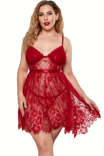 Red Valentine Shade Bra Sheer Floral Lace Plus Size Babydoll LC31352-3