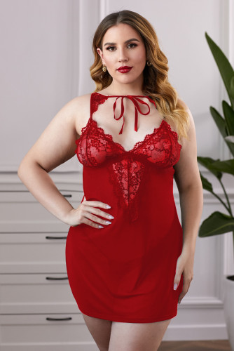 Red Lace Splicing Mesh Plus Size Lingerie LC31372-3