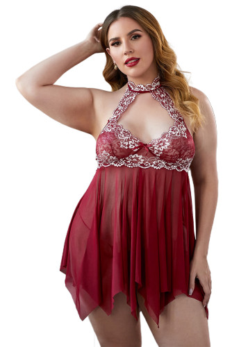 Red Plus Size Halter Neck Lace Mesh Backless Babydoll with Thong LC31375-3