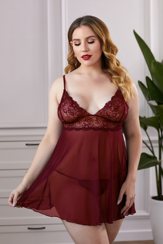 Wine Lace Mesh Plus Size Babydoll with Thong LC31379-3