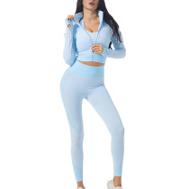 Light Blue Zipper Jacke Seamless with High Waist Pant 3pcs Yoga Set TQK710296-30