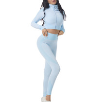 Light Blue Seamless Zipper Jacket with Pant Yoga Set TQK710295-30