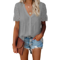 Gray Pleated Splice Lace Short Sleeve Tops TQK210710-11