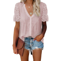 Pink Pleated Splice Lace Short Sleeve Tops TQK210710-10