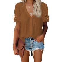 Brown Pleated Splice Lace Short Sleeve Tops TQK210710-17