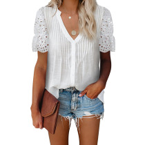 White Pleated Splice Lace Short Sleeve Tops TQK210710-1