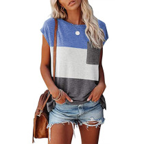 Blue Colorblock Cotton Blend T-shirt with Pocket TQK210716-5