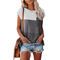 Gray Colorblock Cotton Blend T-shirt with Pocket TQK210716-11