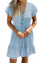 Sky Blue Polka Dot V Neck Ruffled Short Sleeves Mini Dress LC223827-4