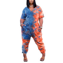 Blue Tie Dye Print V Neck Jumpsuit with Pockets TQK550245-5
