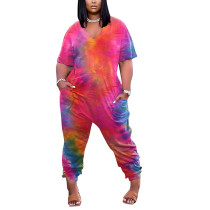 Red Tie Dye Print V Neck Jumpsuit with Pockets TQK550245-3