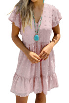 Pink Polka Dot V Neck Ruffled Short Sleeves Mini Dress LC223827-10