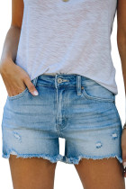Light Blue Distressed Ripped Denim Shorts with Pockets LC781604-4
