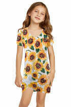Sunflower Print Twist Knot V Neck Girl’s Mini Dress TZ61237-1