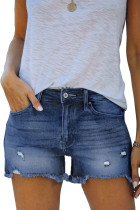 Dark Blue Distressed Ripped Denim Shorts with Pockets LC781604-5