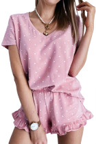 Pink Dotted V Neck Tee and Ruffled Shorts Lounge Set LC4511590-10