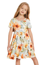 Yellow Crewneck Short Sleeve Floral Girl's Midi Dress TZ61214-7