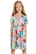 Sky Blue Crewneck Short Sleeve Floral Girl's Midi Dress TZ61214-4