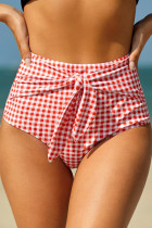 Red Plaid Print Front Tie High Waist Bikini Bottoms LC472107-3