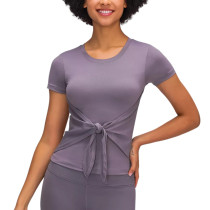 Purple Front Bowknot Short Sleeve Yoga Tops TQE71329-8