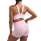 Pink Splice White Sports Yoga Bra Set TQE10116-10