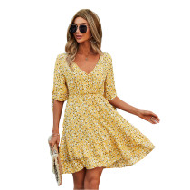 Yellow Floral Print Short Sleeve A-Line Dress TQK310568-7