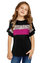 Black Leopard Color Block Ruffle Short Sleeve Girl’s Top TZ25401-2