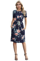 Blue Short Sleeve Pocketed Drawstring Casual Floral Dress LC613419-5