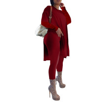 Wine Red Split Long Sleeve Top and Pant Set TQK710371-23