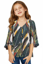 Tropical Leaf V Neck Ruffled Sleeve Buttons Girl's Blouse TZ25418-9