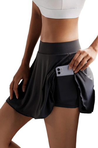 Black Solid Color Ruffled Two-Layered Yoga Skort LC263975-2