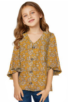 Yellow Floral V Neck Ruffled Sleeve Buttons Girl's Blouse TZ25418-7