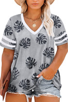 Gray Palm Tree Leaves Print Striped Short Sleeve V Neck T-shirt LC2517702-11