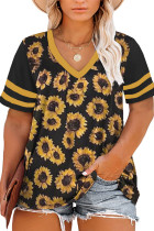 Yellow Plus Size Sunflower Print Striped Short Sleeve V Neck T-shirt LC2517702-7