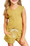 Yellow Solid Color Girl's Ruffle Tank and Drawstring Shorts Set TZ002-7