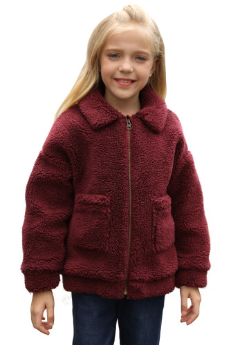 Wine Red Lapel Zipper Pockets Girl's Sherpa Coat TZ85001-3