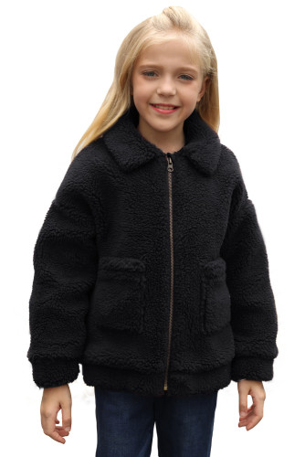 Black Lapel Zipper Pockets Girl's Sherpa Coat TZ85001-2