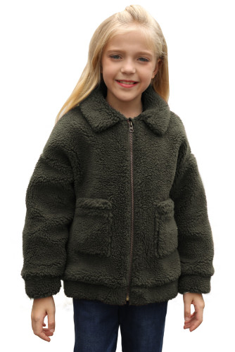 Green Lapel Zipper Pockets Girl's Sherpa Coat TZ85001-9